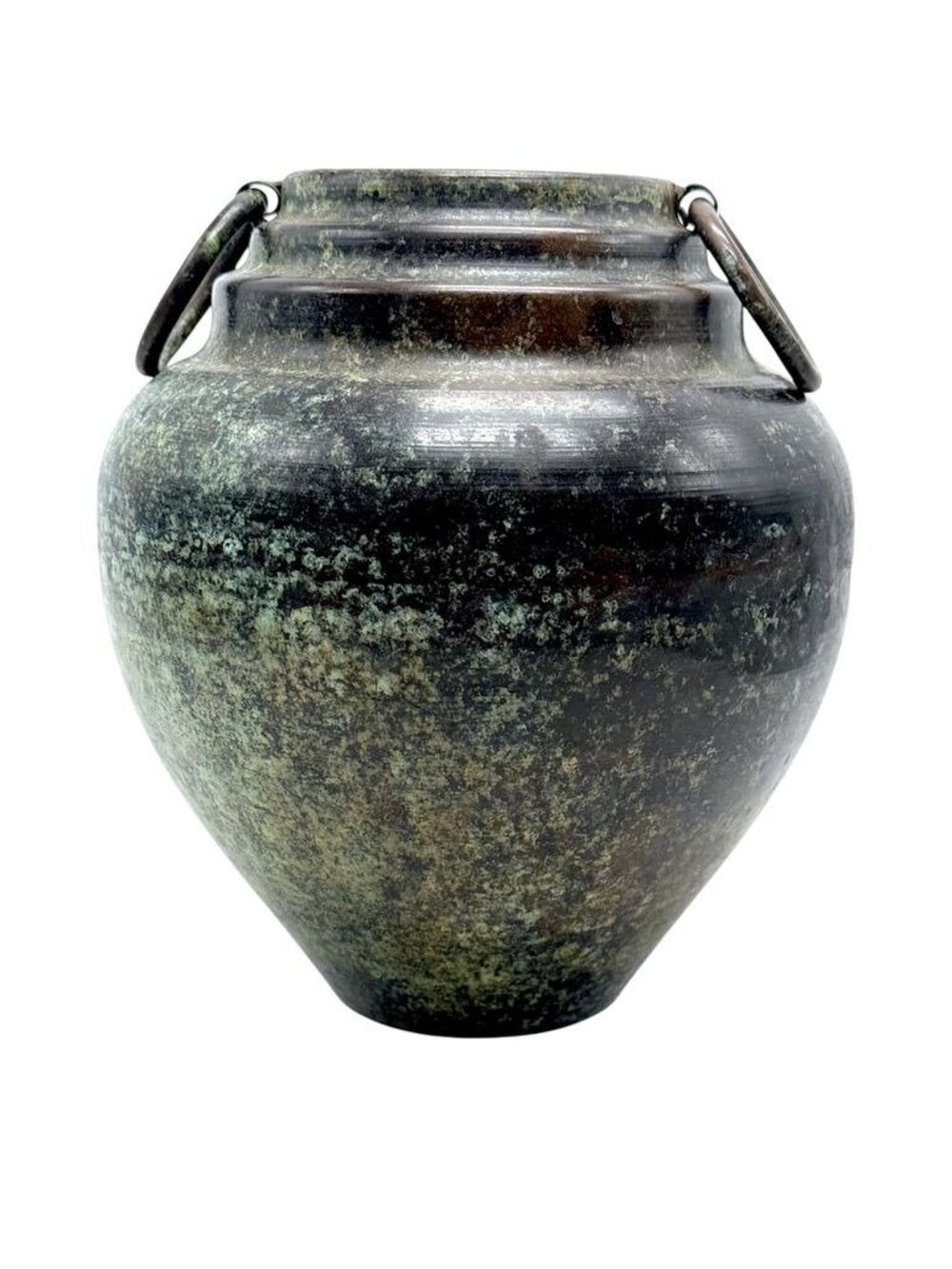 Vintage Metal Vase With Rustic Green Patina & Decorative Handles